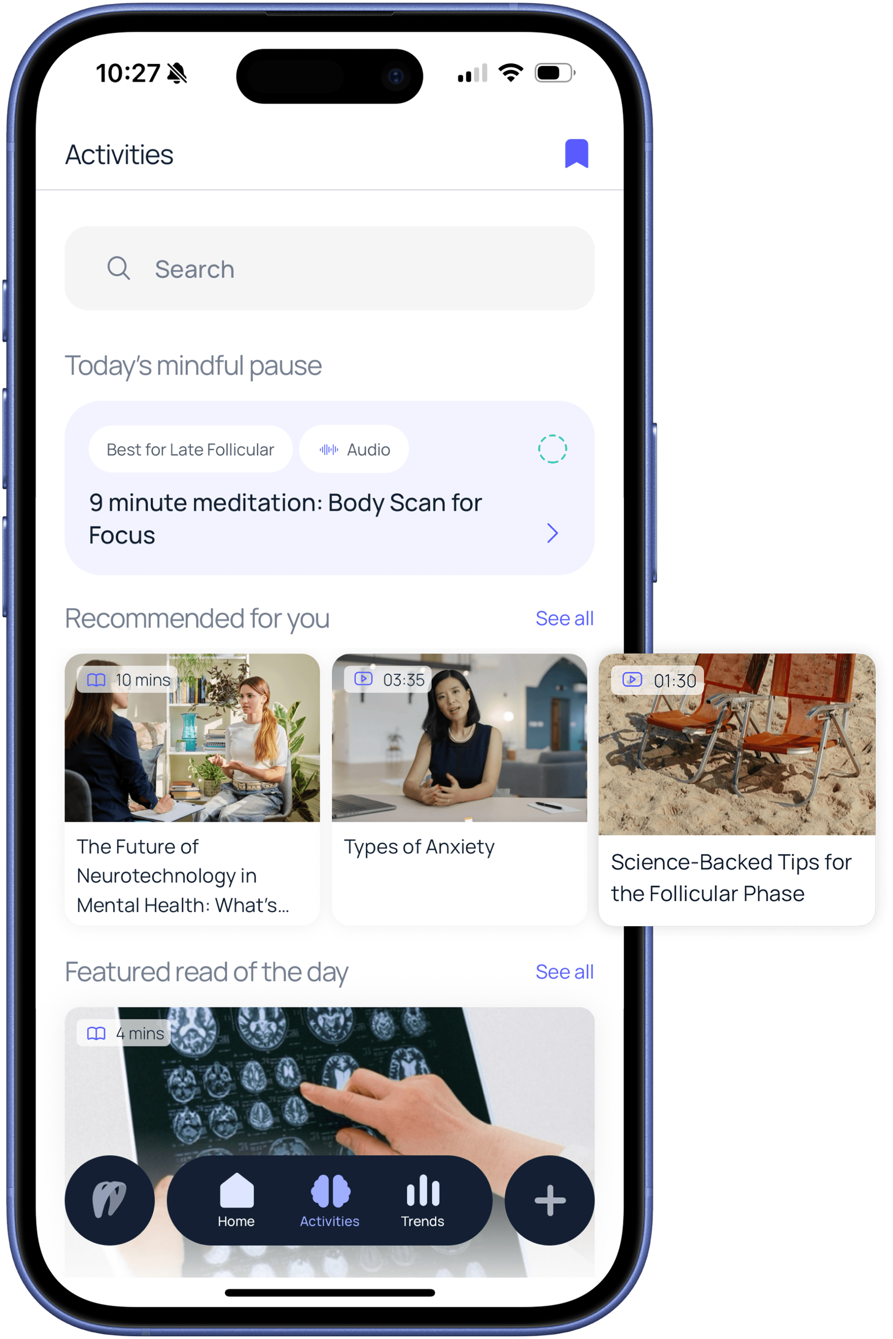 Recommendations screen with personalized wellness tips
