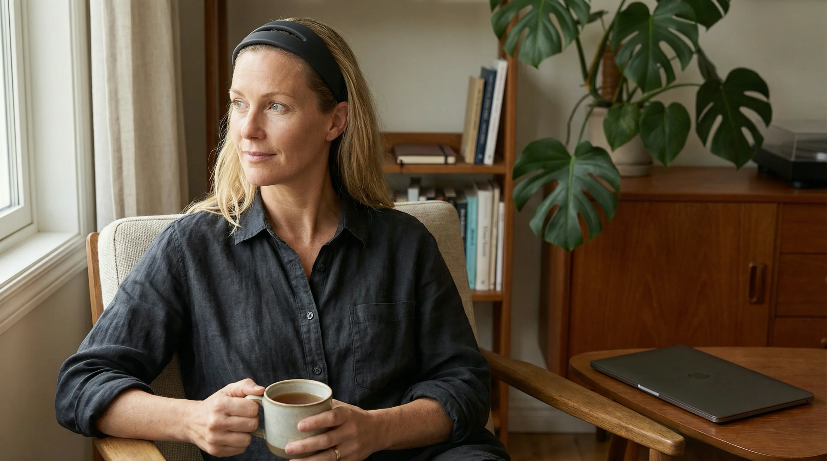 Woman using Lutea device during her morning routine