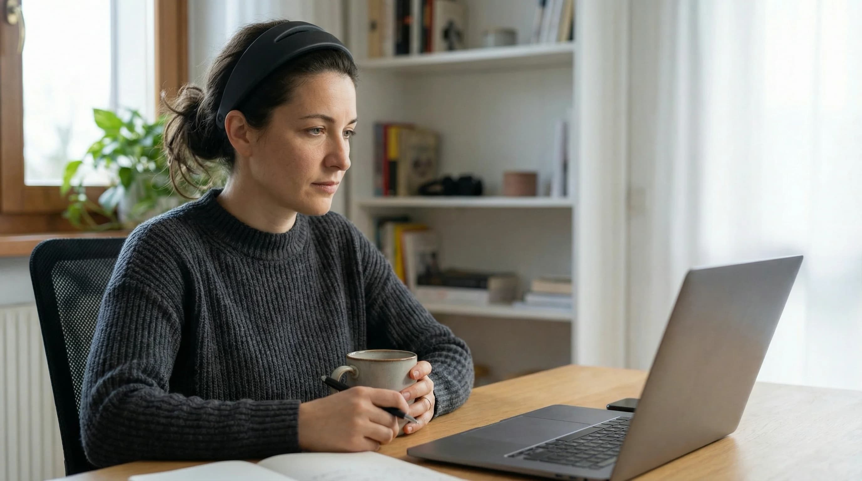 Woman using Lutea device for PMDD relief