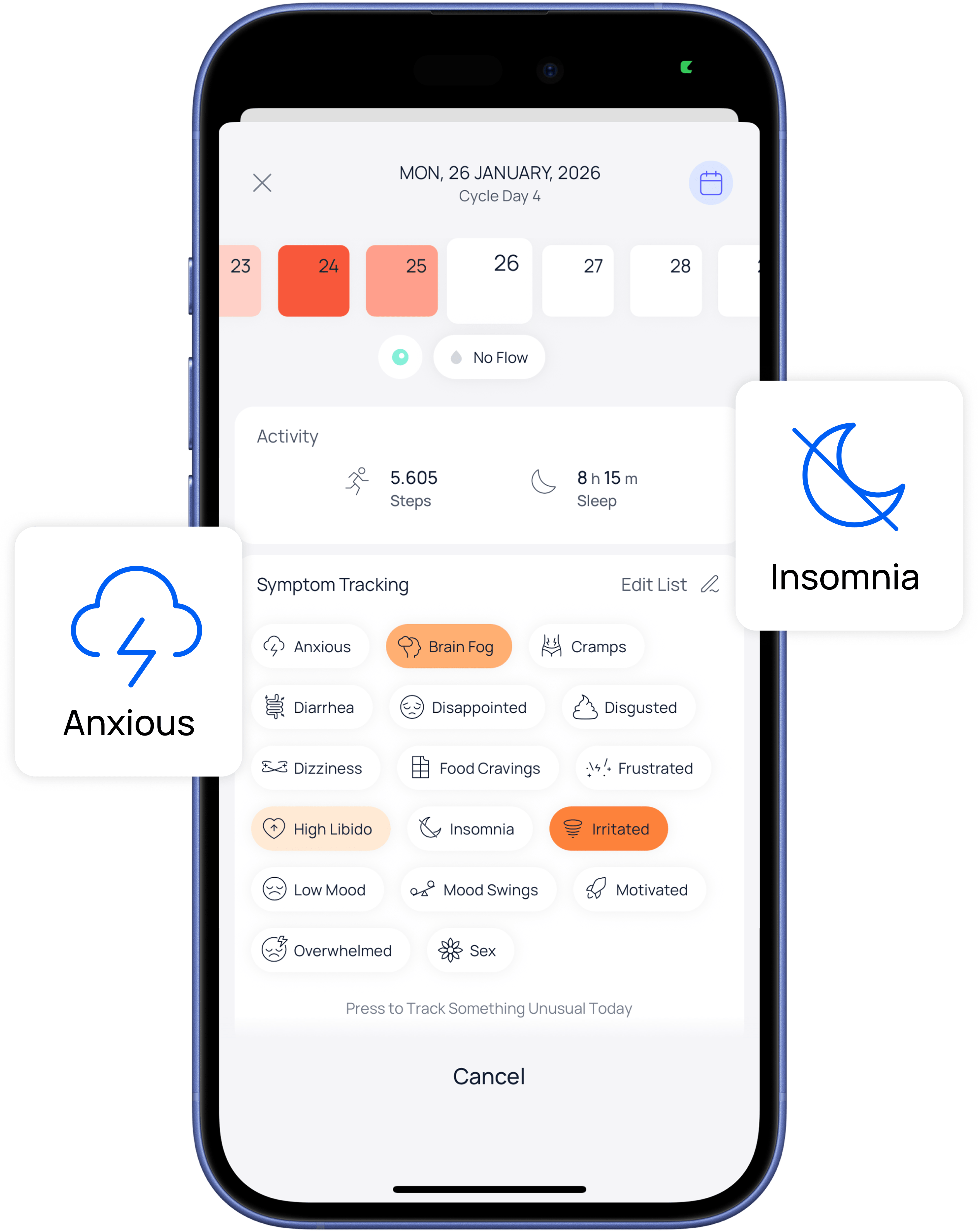 Cycle tracking screen showing personalized symptom logging